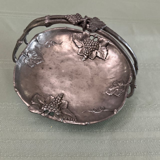 19th C. Nouveau Jugendstil Ornate Pewter Handled Basket Visiting Card Tray For Sale - Image 10 of 12