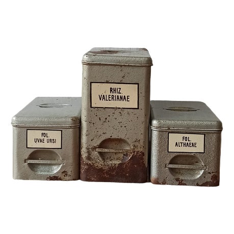Vintage Metal Pharmacy Containers, 1950s, Set of 3 For Sale
