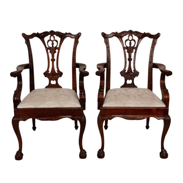 Late 19th Century Pair Antique Chippendale Revival Carved Mahogany Ball & Claw Arm Chairs For Sale - Image 5 of 18