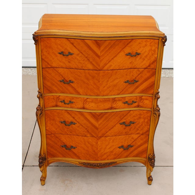 French Provincial Magnificent Vintage French Provincial Louis XV Rococo Satinwood & Burl Wood Tall Boy Chest For Sale - Image 3 of 16