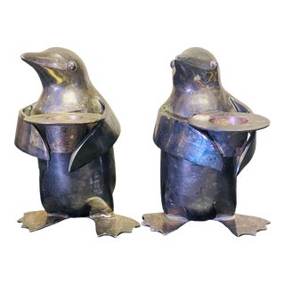 Vintage 1990s Silver Plated Restoration Hardware Penguin Holders a Pair For Sale