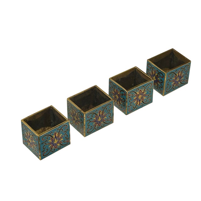Set of 4 Turquoise Enamel Cloisonne Furniture Feet Metal Bracket For Sale - Image 4 of 8
