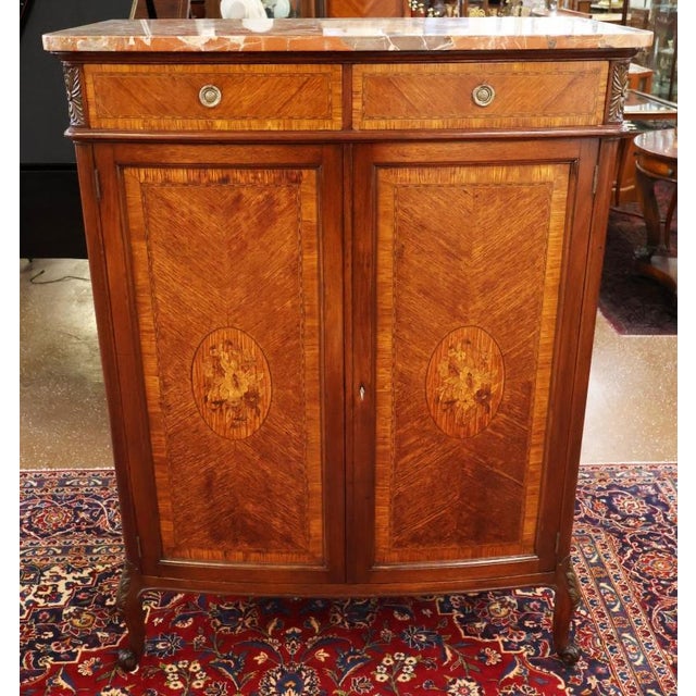 French Louis XV Style Walnut Inlaid Marble Top Dresser High Chest Circa 1920's For Sale - Image 4 of 18
