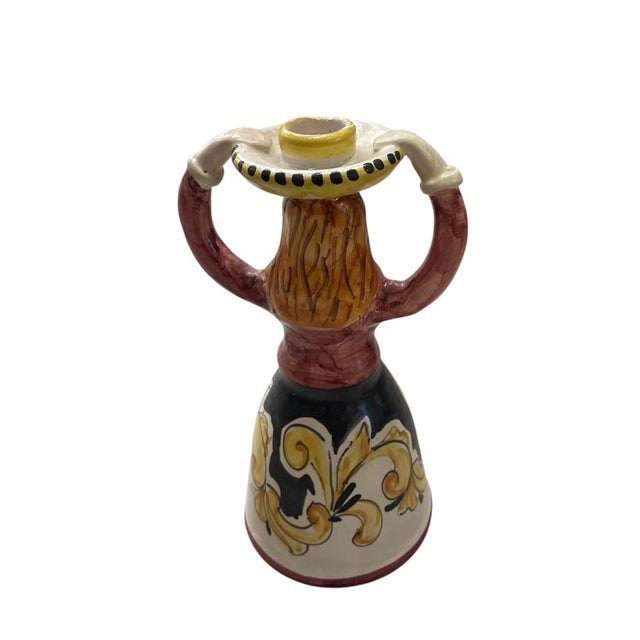 Traditional Vintage Italian Hand-Painted Majolica Figural Candlestick – Woman in Traditional Dress For Sale - Image 3 of 12