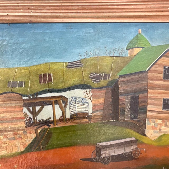 Vintage Signed American Folk Art Farm Landscape Oil Painting For Sale In West Palm - Image 6 of 13