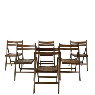 Set of 6 Mid Century Folding Chairs With Slat Seats Made in Romania For Sale