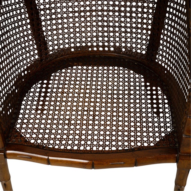 Pair Vintage Faux Bamboo Cane Barrel Chairs Hollywood Regency For Sale - Image 11 of 18