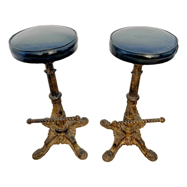 1930s Calorator Cast Iron Bar Stools Barley Twist Footrest Swivel Seat Set of Two For Sale