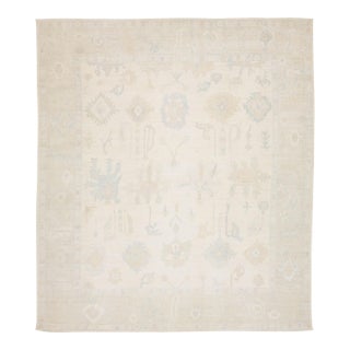 13x15 Modern Oushak Style Hand-Knotted Wool Area Rug – Neutral Ivory & Sage For Sale