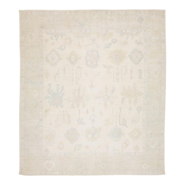 13x15 Modern Oushak Style Hand-Knotted Wool Area Rug – Neutral Ivory & Sage For Sale