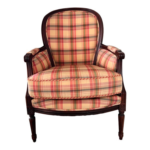 Vintage Madras Plaid Silk Upholstered Accent Chair Made by Owners Select HighPoint North Carolina, Pink Plaid Silk Chair Custom Made For Sale