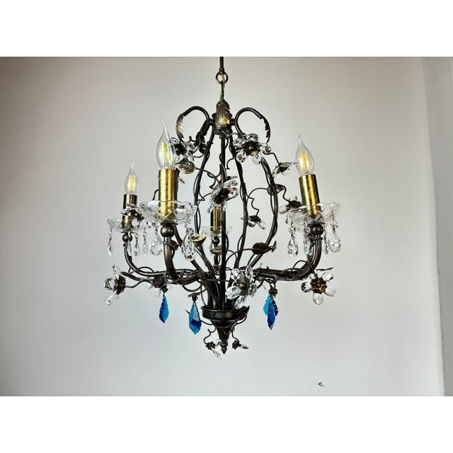 Large Vintage 1990s Wrought Iron Floral Chandelier With Crystal Flowers & Aqua Blue Stones Details For Sale - Image 12 of 17