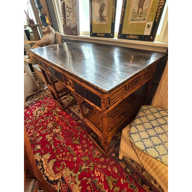 Wood Antique 19th Century Chinese Rattan Desk With Black Lacquer and Bamboo For Sale - Image 7 of 13