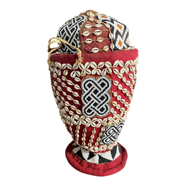 Vintage Large Kuba Royal Beaded Basket Congo 22" H For Sale