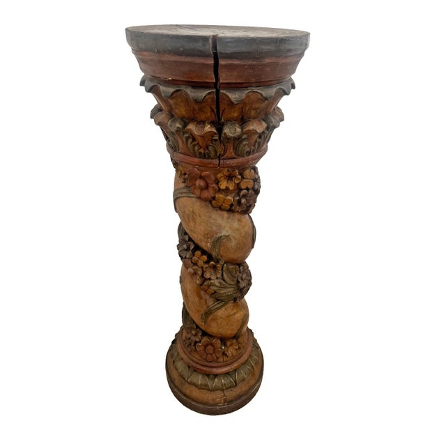 Brown Antique Italian Style Column Bust Plant Stand Pedestal Hand Carved Solid Wood For Sale - Image 8 of 12