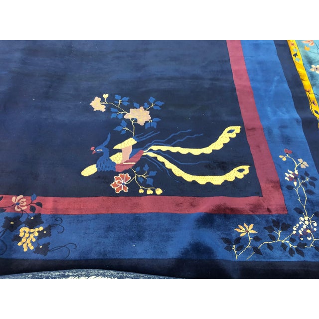 1930s Dark Blue Floral Antique Peking Rug 11' X 15' Handknotted Wool Carpet For Sale In New York - Image 6 of 10
