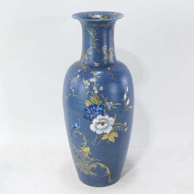 This elegant vintage hand-painted vase features a classic tapering form, covered in a beautiful deep blue ground finish....