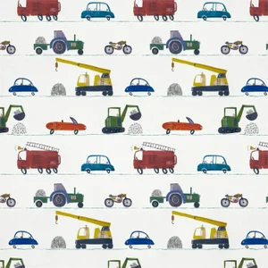 Harlequin Just Keep Trucking Wallpaper in Tomato/Marine/Gecko - a Sample