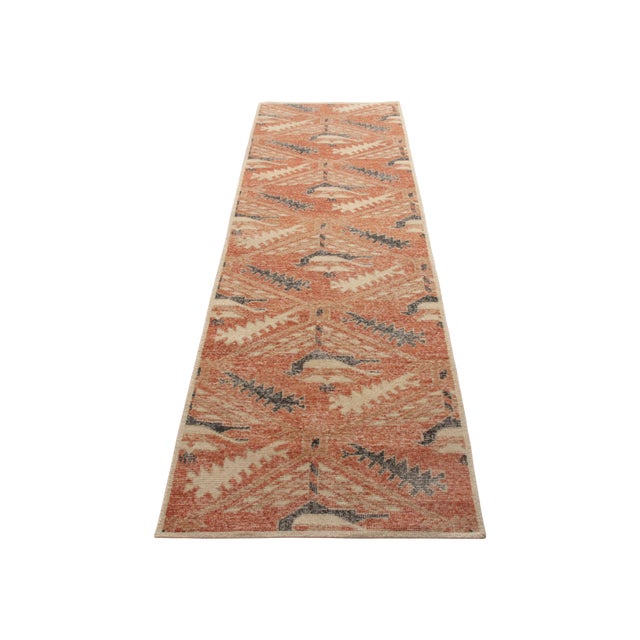 Tribal Rug & Kilim’s Distressed Style Runner in Orange-Red, Blue Geometric Pattern For Sale - Image 3 of 5