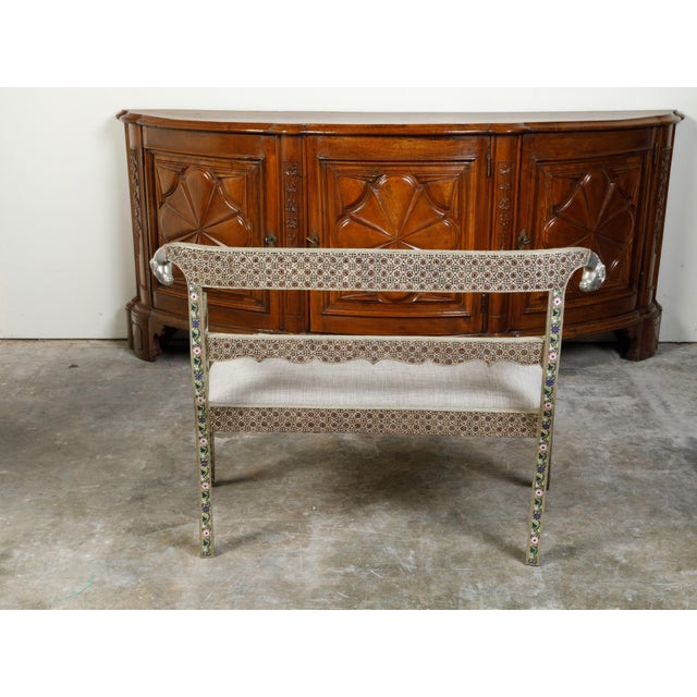 Silver 1930s Moroccan Metal Upholstered Settee With Enamel Décor and Rams' Heads For Sale - Image 8 of 12