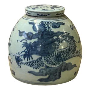 Chinese Vintage Oriental Blue White Dragon Flat Base Round Porcelain Ginger Jar
