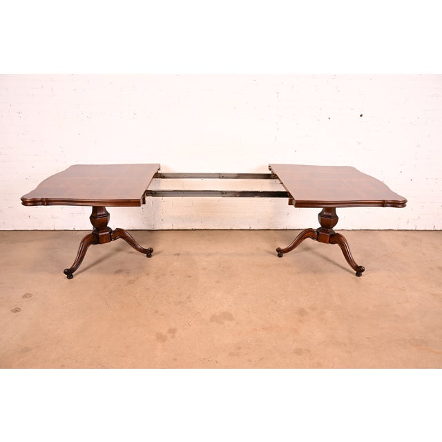 Baker Furniture Style French Regency Walnut and Burl Wood Double Pedestal Extension Dining Table, Newly Refinished For Sale In South Bend - Image 6 of 14