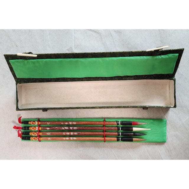 Vintage Huzhou Chinese Calligraphy Brushes in Silk Box - Set of 4 For Sale - Image 10 of 17