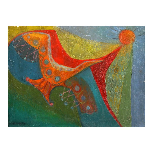 Bird and Sunshine, 1960s Abstract Oil Painting by Miriam Bromberg For Sale