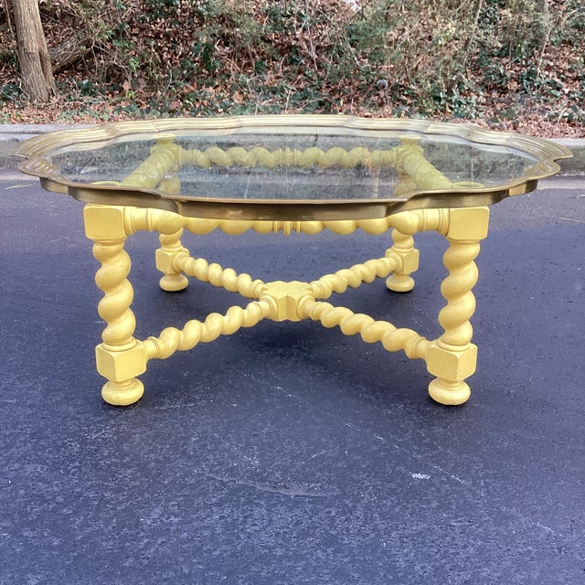 1970s Vintage Baker Furniture Scalloped Golden Yellow Coffee Table With Brass and Glass Top – 44“ For Sale - Image 5 of 11