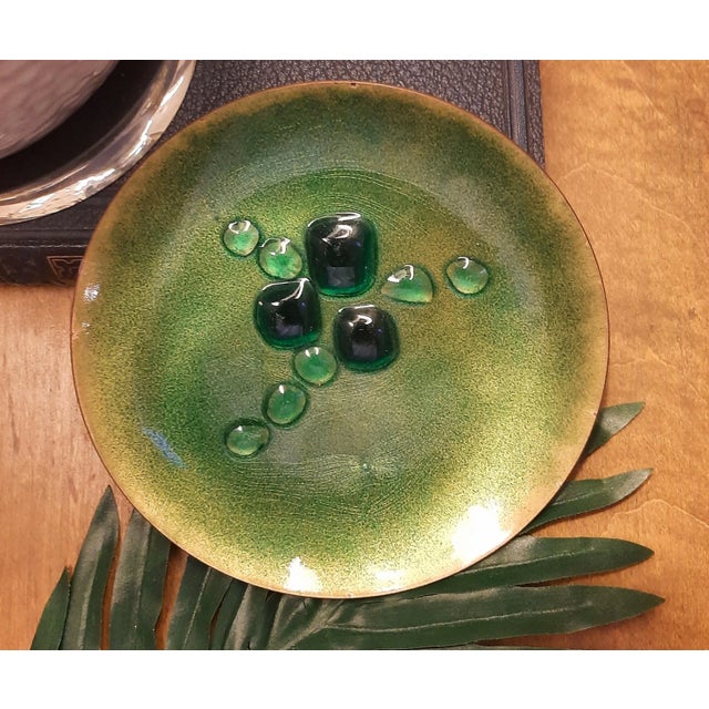 Vintage enamel on copper dish small plate with green glass drops design. Mid Century dreamy! Gold copper shows through the...