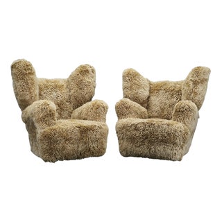 Monumental Art Deco Skandilock Sheepskin Wingback Chairs 1930s, Set of 2 For Sale