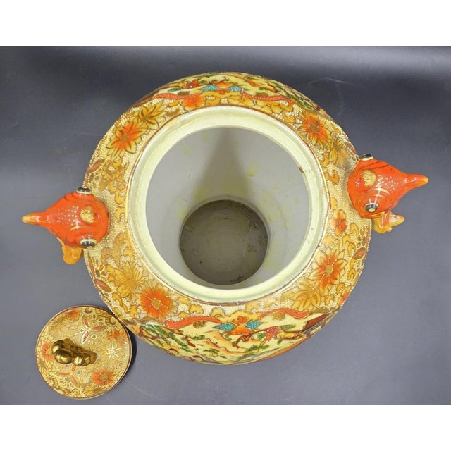 Grand 14" Jeweled Japanese Satsuma-Style Moriage Lidded Urn - Immortal Koi Handles For Sale - Image 10 of 18