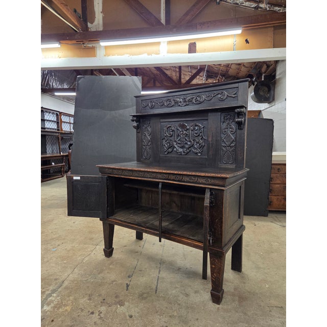 Unique 19th Century Oak Carved English Sideboard/Buffet With Tall Back For Sale - Image 10 of 11