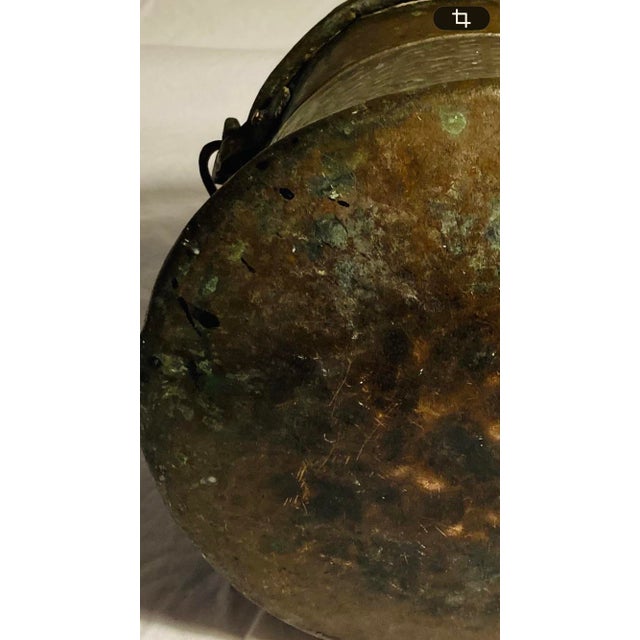 Antique Middle Eastern Copper With Tin Overlay Bucket Elaborate Etched Pattern Solid Iron Loop Handle Ending With Serpent Heads For Sale - Image 9 of 12