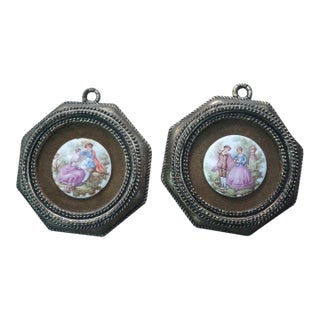 Set of 2 Decorative Mid-20th Century Vintage Fragonard Limoges Style Porcelain Wall Medallions by e.a. Riba Co. Inc. Brooklyn Ny For Sale