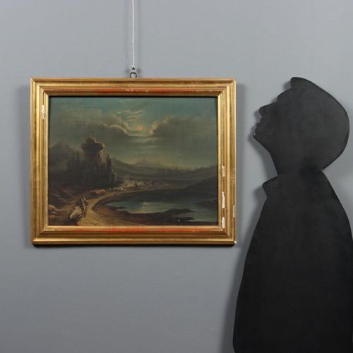 Oil on panel. A striking nighttime view of a flat landscape with a small body of water. A farmer rides along the dirt road...