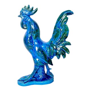 Vintage Italian Blue & Green Ceramic Rooster Figurine For Sale