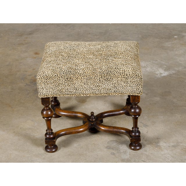 William and Mary Style English 1900s Stool with Turned Legs and X-Form Stretcher For Sale - Image 4 of 11