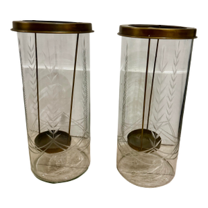 Brass & Etched Glass Hurricane, Pair