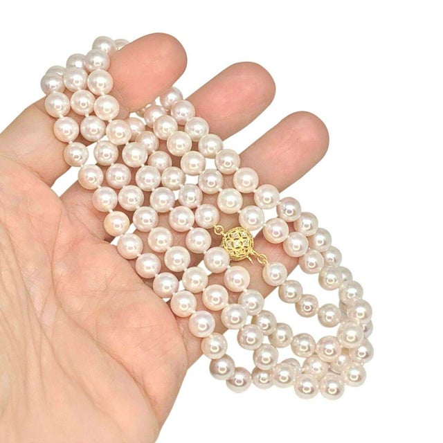 White 1990s Diamond Akoya Pearl Necklace 14k Gold 8 Mm 36 in Certified For Sale - Image 8 of 11