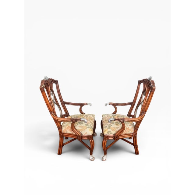 Boho Chic 1990s Reupholstered Century Furniture Bamboo & Rattan Ball in Claw Arms Chairs - Set of 3 For Sale - Image 3 of 12