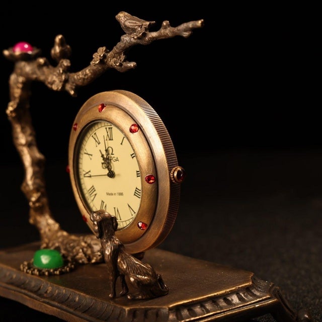 Bronze Vintage Bronze Table Clock Jeweled Bird & Dog Sculptural Desk Timepiece 4.3" For Sale - Image 8 of 9