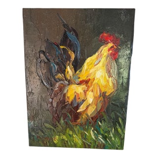 Vintage Oil on Canvas Rooster Painting Signed by Artist For Sale