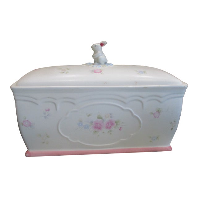 Vintage Pfaltzgraff Tea Rose Ceramic Bunny Bread Box & Lid Excellent Condition For Sale