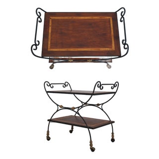 Wrought Iron Mahogany Rolling Bar Cart For Sale