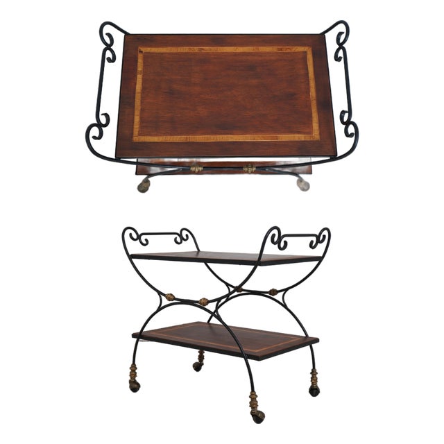 Wrought Iron Mahogany Rolling Bar Cart For Sale