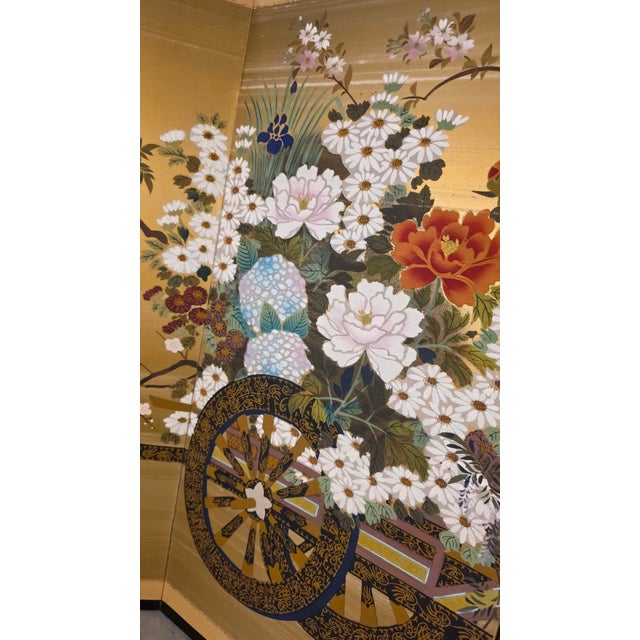 Gold Attributed Okuda Hōgen (Hōen) Japanese Hanaguruma Four-Panel Byōbu Folding Screen on Gold Silk, Early 20th Century For Sale - Image 8 of 16