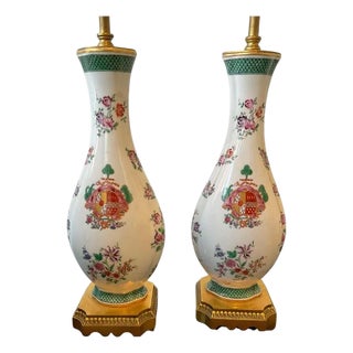 1940s Armorial Samson Porcelain Lamps on Gilt Bronze Bases - a Pair For Sale