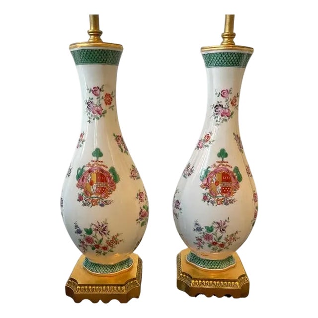 1940s Armorial Samson Porcelain Lamps on Gilt Bronze Bases - a Pair For Sale