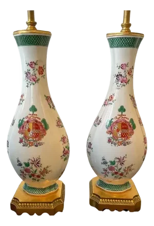 1940s Armorial Samson Porcelain Lamps on Gilt Bronze Bases - a Pair